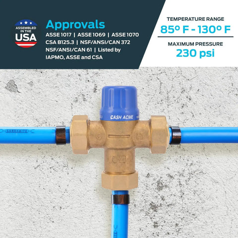 Thermostatic Mixing Valve Three Quarters Inch HG110 Crimp With Barb Connections And Integral Checks Brass Plumbing Fitting 24507 Cash Acme installed view