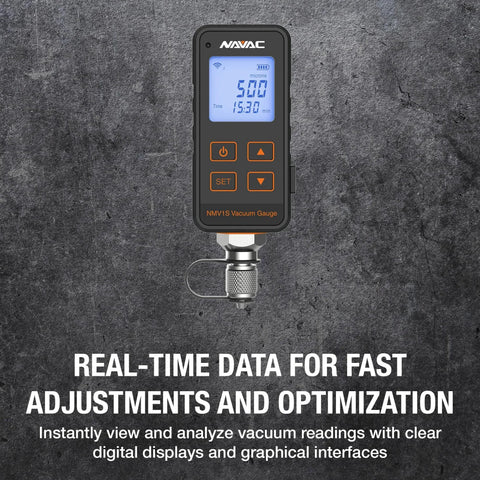 Pro Grade Micron Vacuum Gauge For HVAC Systems With Pirani Sensor And 500 PSI High Pressure Protection, digital display front view.