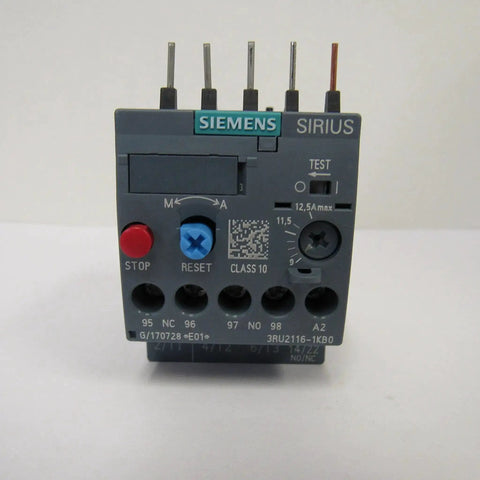 Front view of Sirius 3RU2116-1KB0 Thermal Overload Relay for Motors and Industrial Loads, showing adjustable range controls.