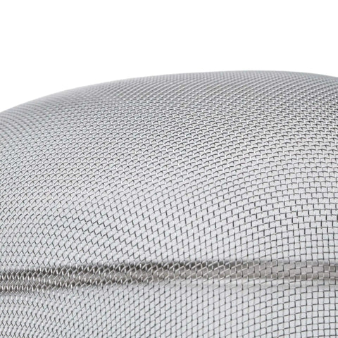 Close-up of fine mesh on Fine Mesh Strainer 8 Inch Diameter With Deep Bowl In Stainless Steel Tan And Silver Handle Hanging Loop And Sturdy Wire