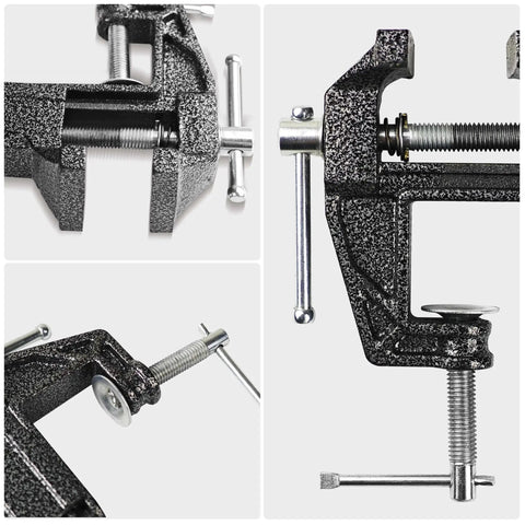 Close-up views of 2 In 1 Mini Bench Vise And Hook Sharpener For Diyers, Portable Jeweler Table Clamp, Small Hobby Bench Vice For Woodworking, Drilling, Metalworking And Sawing, Compact Craft Repair Tool For Home Projects, showing jaw and clamp details.