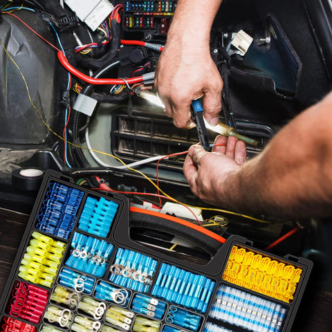 Kuject heat-shrink wire connectors kit, 1500 pcs, insulated spade, ring, fork and T-Tap connectors in a car case