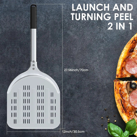 12 Inch Aluminum Perforated Pizza Peel With Lightweight Slotted Design shown with measurements next to a pizza