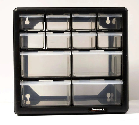 Front view of 12-Drawer Parts Organizer In Black With Clear View Drawers, Wall Mountable for storing small hardware and tools