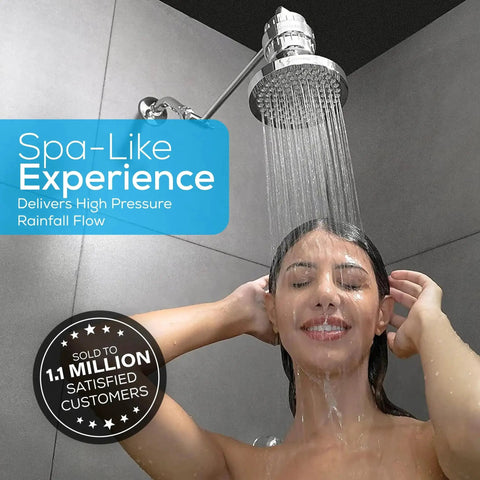 High Pressure Rain Shower Head 6-Inch Round Chrome With Easy Toolless Install in use delivering high-pressure water flow
