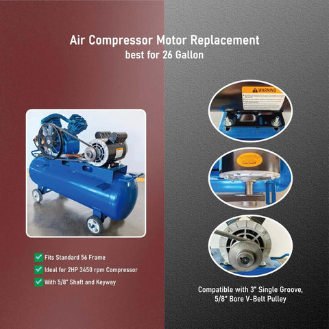 Image of Air Compressor Motor Replacement showing 2HP 3450 RPM motor with 5/8 inch keyed shaft, ideal for 26 gallon compressors.