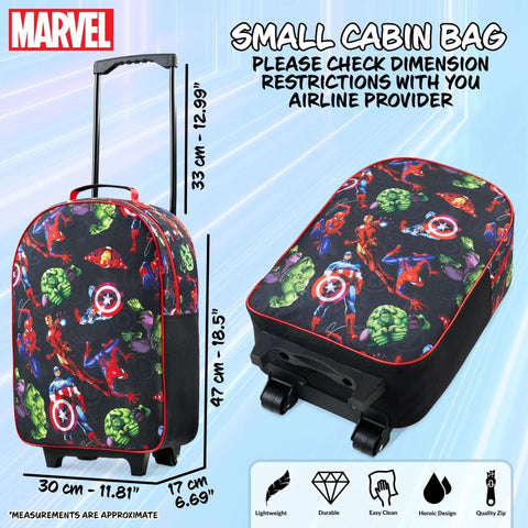 Front and side view of Spiderman And Marvel Avengers Foldable Kids Suitcase Carry On Luggage with Wheels, multicolor superhero design.