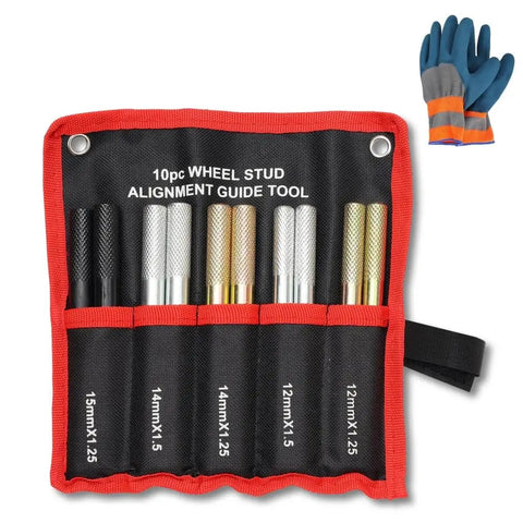10 Piece Wheel Alignment Pin Set Heavy Duty Steel Alloy Wheel Hanger Guide Tool For Pros Universal Fit With M14x1.25 M14x1.5 M12x1.25 M12x1.5 And M15x1.25 Threads Keeps Wheels Steady While You Loosen Lug Bolts displayed in a red pouch with gloves