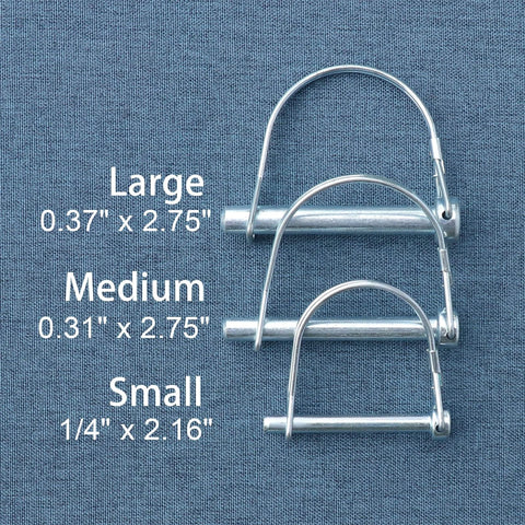 Beefy Heavy Duty Trailer Coupler Pin Pack Of 4 Zinc Plated Carbon Steel Hitch Pin Safety Locking Pins One Quarter Inch By Two Point Sixteen Inches Rust Resistant And Ready For Real World Towing in small size shown with large and medium size pins on blue fabric background