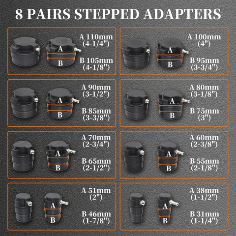 Turbo System Leakage Tester Kit With 19-Piece Set And 8 Stepped Adapters From 1 1/4 Inch To 4 1/4 Inch, multiple adapter sizes displayed
