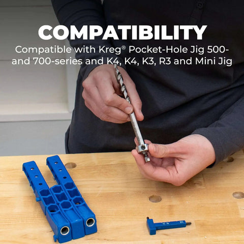 Person holding Easy Set Pocket Hole Drill Bit With Stop Collar And Thickness Gauge Built In Hex Wrench For Quick And Spot On Pocket Hole Setups