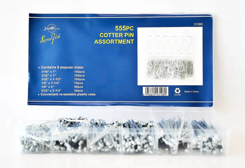 555 Piece Cotter Pin Assortment In Spring Steel With Zinc Plating Includes One Sixteenth Inch By One Inch Pins And Three Thirty Second Inch By One Inch Pins Plus Other Sizes Comes In A Handy PP Storage Case With Size Chart For Quick Identification.