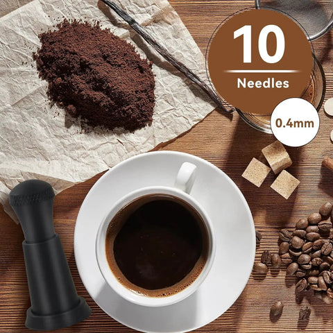 Espresso Distribution Tool With 0.4mm 10 Needle Stirrer next to coffee cup and grounds