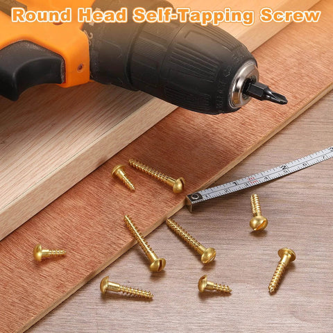 Copper Self Tapping Wood Screws M2 10mm with drill and ruler on wooden surface
