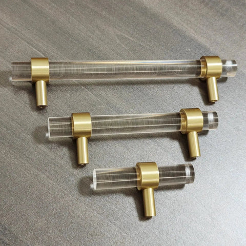 Adjustable Acrylic And Brass Cabinet Pulls With Center To Center Range 0 To 6 Point 2 Inches Four Piece Set In Modern Gold And Clear Finish