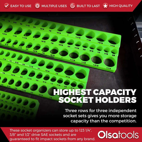Magnetic Socket Organizer For One Quarter, Three Eighths And One Half Inch Drive SAE Sockets, Holds Up To One Hundred Twenty Three Sockets, Green Gearhead Must Have For A Clean, Streamlined Workshop; green socket organizer with labeled holes