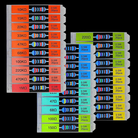Resistor assortment kit, front view: metal-film resistors in plastic organizer, 600 pcs, 30 values, 0.5W, 1%