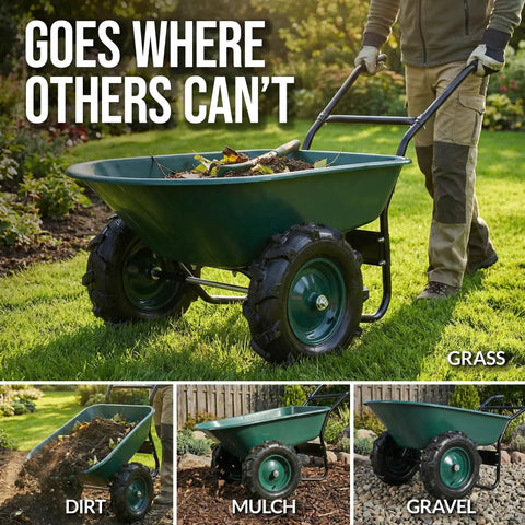 Heavy Duty Dual Wheel Wheelbarrow Garden Cart With 500 Pound Capacity Extra Large Wheels on grass and different terrains