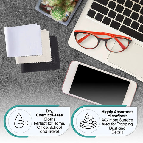 12 Pack Microfiber Cleaning Cloths For Glasses Phones Screens Lint Free next to red glasses and smartphone on table