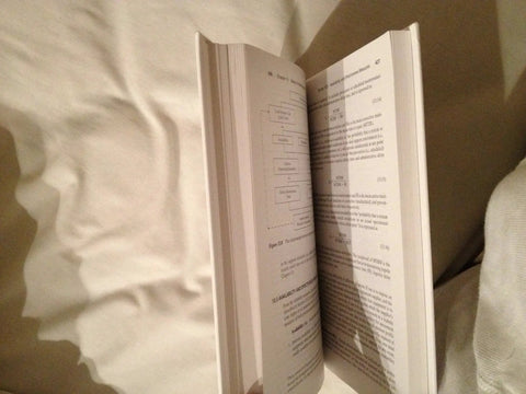 Book: Systems Engineering and Analysis, open pages with diagrams and dense text on a bed.