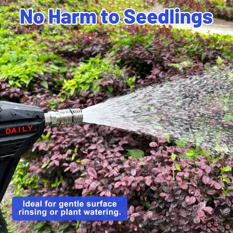 Tool Daily stainless steel pressure washer nozzle tip with 1/4-inch quick connector spraying water on shrubs