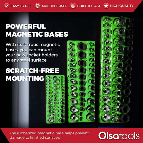 Magnetic Socket Organizer For One Quarter, Three Eighths And One Half Inch Drive SAE Sockets, Holds Up To One Hundred Twenty Three Sockets, Green, mounted vertically on metal surface