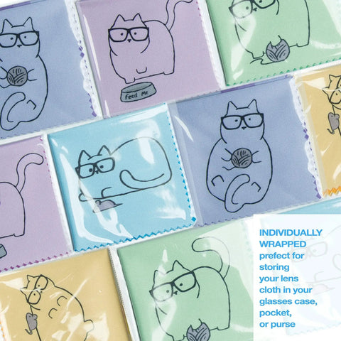 Kitty Cat Design Multicolor Microfiber Cloths for Glasses Sunglasses and Phones, individually packaged in colorful cat patterns.