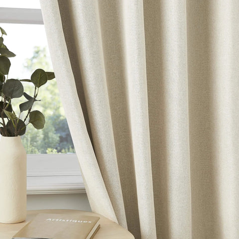 Close-up of 102 Inch Pinch Pleated Blackout Curtains Two Panels with Hooks for Track Sliding Doors in Natural Birch color.