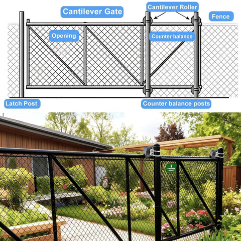 Nylon Cantilever Sliding Gate Rollers With Covers Heavy Duty Gate Roller Hardware Pack Of 4 For Four Inch Round Posts And Two And Three Eighths Inch Or Two And A Half Inch Gate Frames installed on black chain-link gate