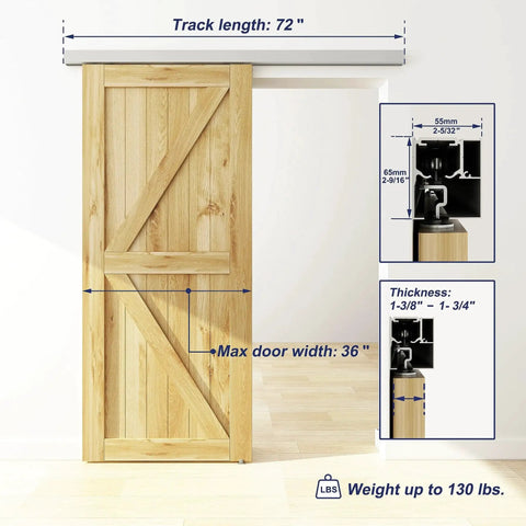 Six Foot Sliding Barn Door Track Kit With Aluminium Box Rail Wall Mounted Hidden Hardware For Modern Doors Easy To Install Low Clearance With Soft Close Trolleys And End Caps Supports Doors Up To 130 Lbs For Heavy Duty Performance