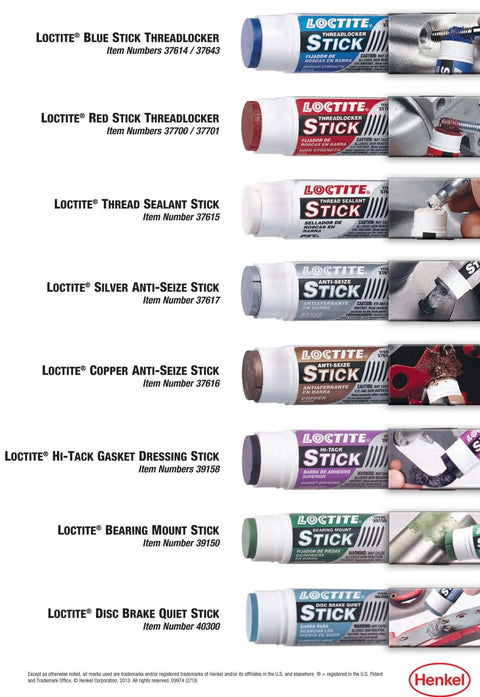 Product packaging lineup showing Loctite sticks including Vehicle-Specific Thread Sealant Stick, Red 19 g, Self-Feeding Applicator.