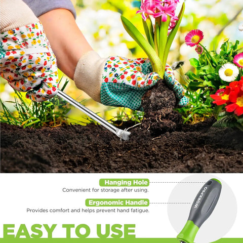 11.5 Inch Dandelion Weeder Puller Tool with Soft Grip Handle in use for easy root removal in garden beds