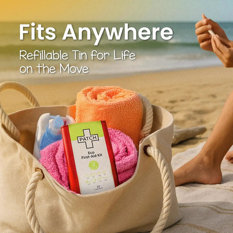 Eco First Aid Kit With Hypoallergenic Bamboo Bandages For Sensitive Skin in a beach bag at the beach.