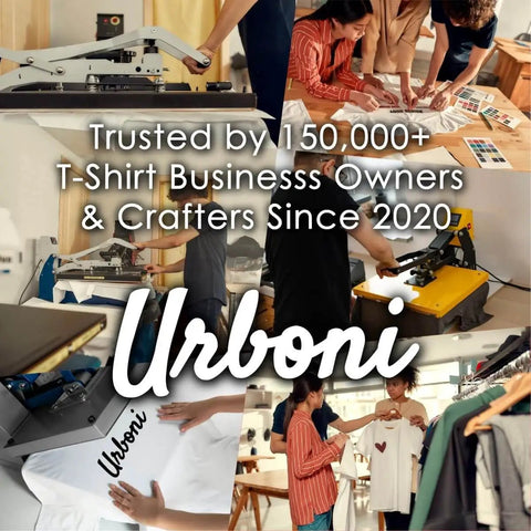 Collage of business owners using heat presses and crafting shirts with Urbani logo overlay