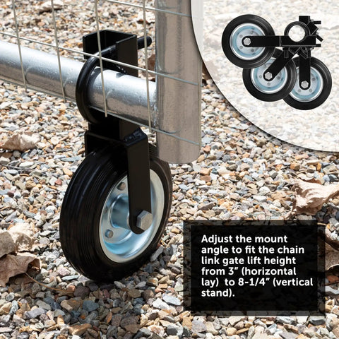6 Inch Heavy Duty Metal Gate Caster For 1 5 Eighths To 2 Inch Frame, Chain Link Fence Support, installed on gate, black finish