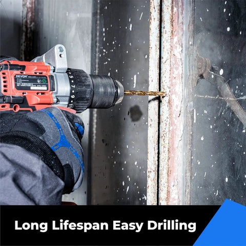 Hand using portable drill with Titanium Coated Drill Bit Set 60 Piece on metal surface, six common sizes for versatile drilling.