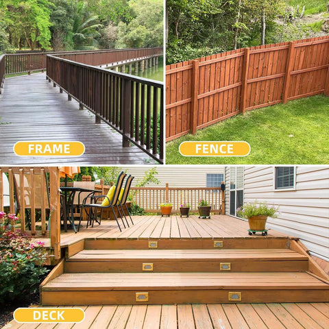 Tan Rust Resistant Deck Screws Set 150 Pieces In 3 Sizes 8x1-1/2, 8x2, 10x3 for fences, frames, and decks in outdoor settings.