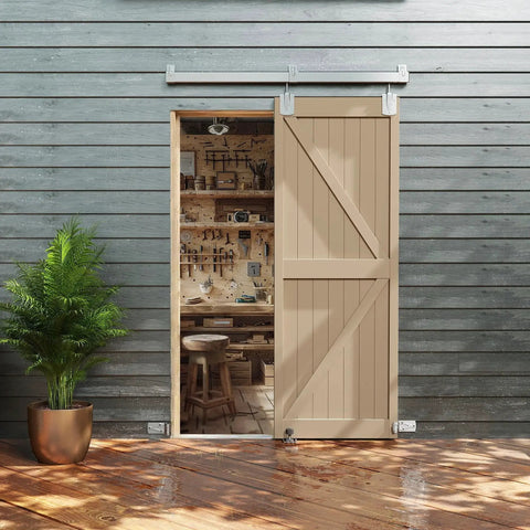 4 Ft Box Rail Exterior Barn Door Hardware Kit Heavy Duty Silver Sliding Track System For Wall Mounted Doors in garden setup