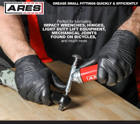 ARES 53010 mini grease gun by Amazon, 3-ounce push-type with needle nozzle, red handle for one-handed operation.