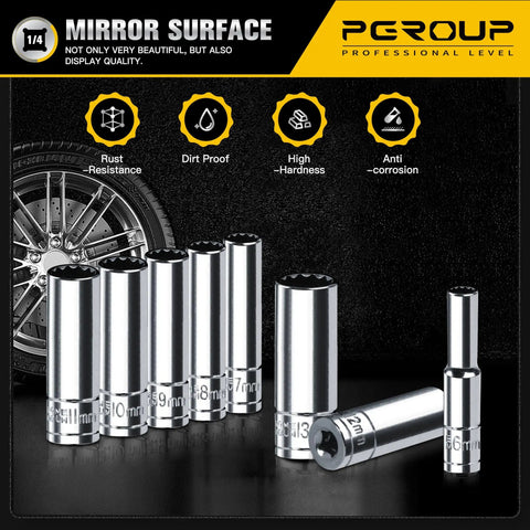 1/4 Inch Drive Deep Socket Set, 8 Piece Metric 12 Point From 6mm To 13mm, Chrome Vanadium Steel displayed with wheel backdrop