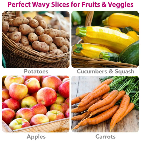 Variety of fruits and vegetables including potatoes, cucumbers, squash, apples, and carrots displayed in baskets.