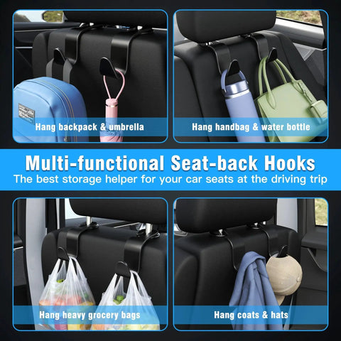 Car Seat Headrest Hooks 4 Pack Universal Hanger Organizer For Purse And Coat holding bags, water bottles, and hats in car.