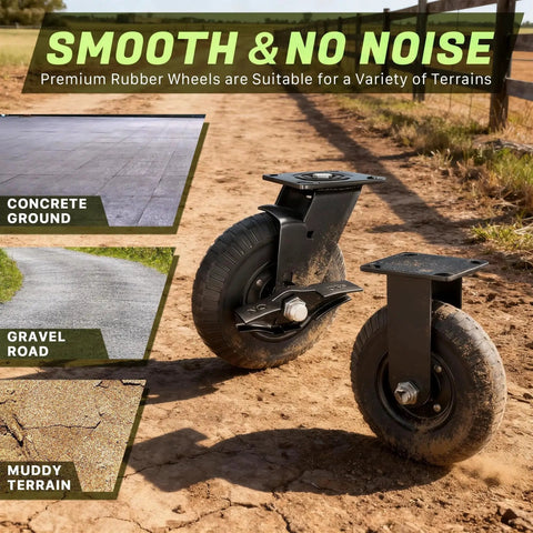 8 Inch Caster Wheels Set Of 4 With 2 Brakes And 2 Fixed Heavy Duty 2200 Lb Solid Rubber Plate Casters on dirt road