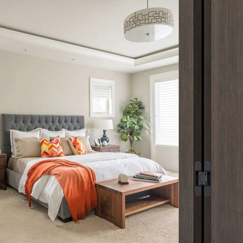 Bedroom interior with partially visible Hidden Door Hinges 2 Pack Black Low Profile Invisible Zinc Alloy Concealed Hinges installed.