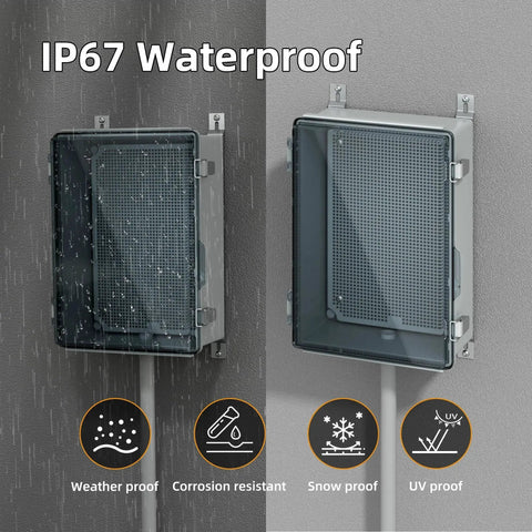 Lockable Outdoor Weatherproof Electrical Box For Electronics Plastic NEMA 4 Enclosure With Clear Cover in rain, wall-mounted