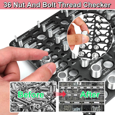 Bolt Thread Checker Gauge Kit identifies 36 thread sizes, including 20 imperial and 16 metric, on a wall mount identifier board.