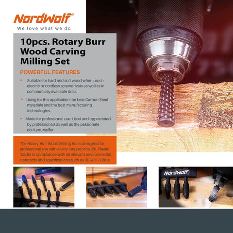 Pro Grade 10-Piece Rotary Burr Wood Carving Rasp Files Set With One Quarter Inch Hex Shank For Wood Deburring, Shaping And Grooving NordWolf High Carbon Steel Construction For Tight, Precise Work showing detailed use and features.