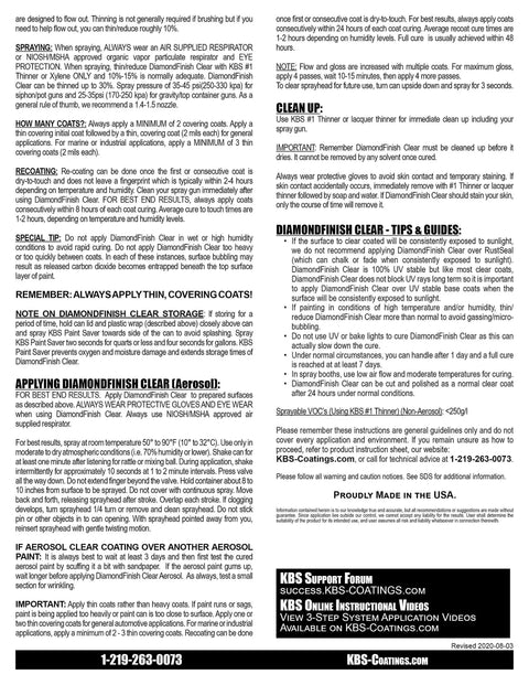 Product instructions for DiamondFinish Clear High Gloss Aerosol Coating for Steel and Aluminum Surfaces on a black and white leaflet.