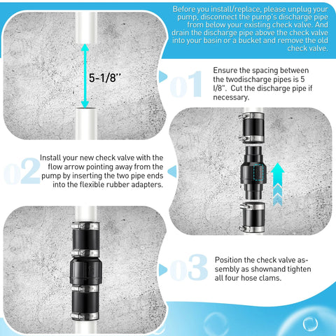Threlaco sump pump check valve kit with 4 stainless steel hose clamps for 1-1/2 in and 1-1/4 in pipe, installation guide
