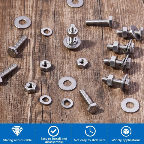 80 Piece Stainless Steel Hex Head Bolt Kit With 20 Bolts, 20 Nuts, 20 Flat Washers And 20 Lock Washers on wooden surface